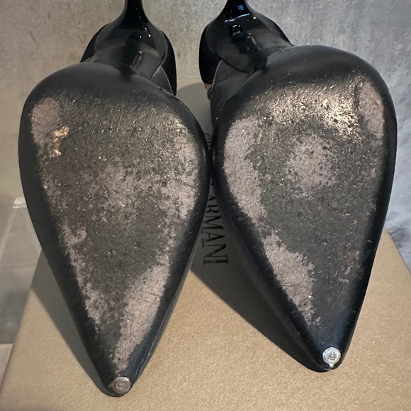 GIORGIO ARMANI Black, Gray, Satin, Mesh & Rhinestone Formal Heels - Size 6.5 - Picture 8 of 10